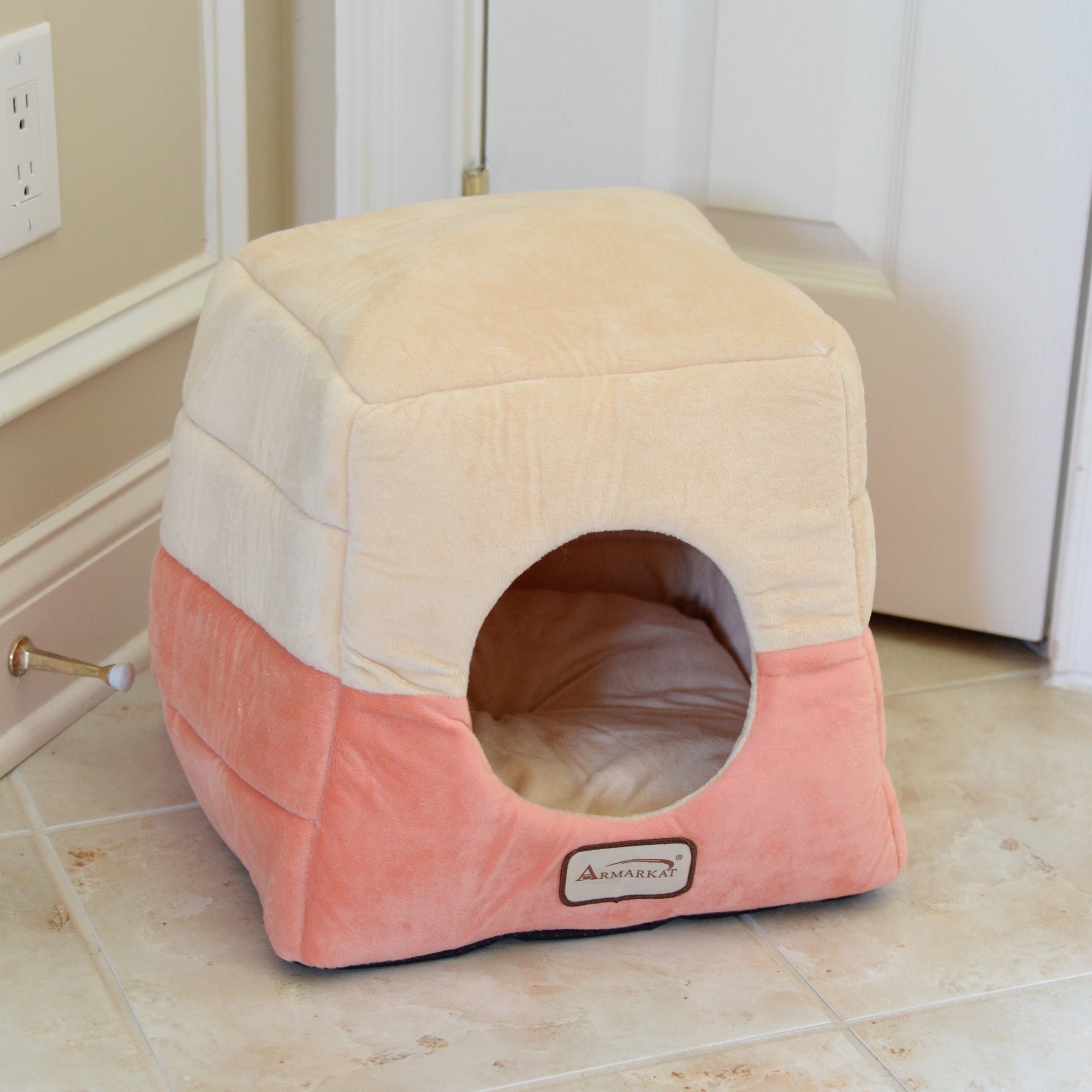 Armarkat 2-In-1 Cat Bed Cave Shape And Cuddle Pet Bed, Orange/Beige