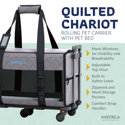 Quilted Chariot Pet Carrier With Removable Wheels and Telescopic Handle