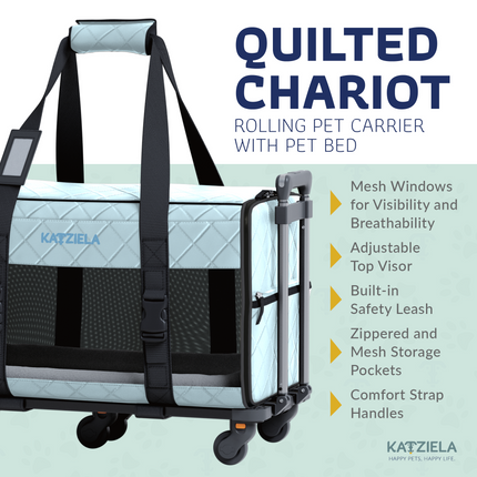 Quilted Chariot Pet Carrier With Removable Wheels and Telescopic Handle