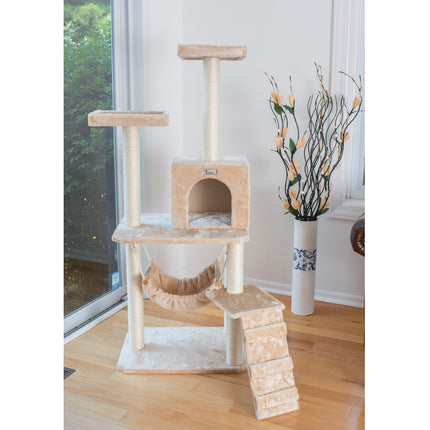 GleePet GP78570921 57-Inch Cat Tree In Beige With Perches RunnIng Ramp Condo And Hammock