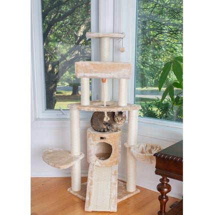 Armarkat Spacious Thick Fur Cat Tower With Basket Lounge Ramp Beige A5806