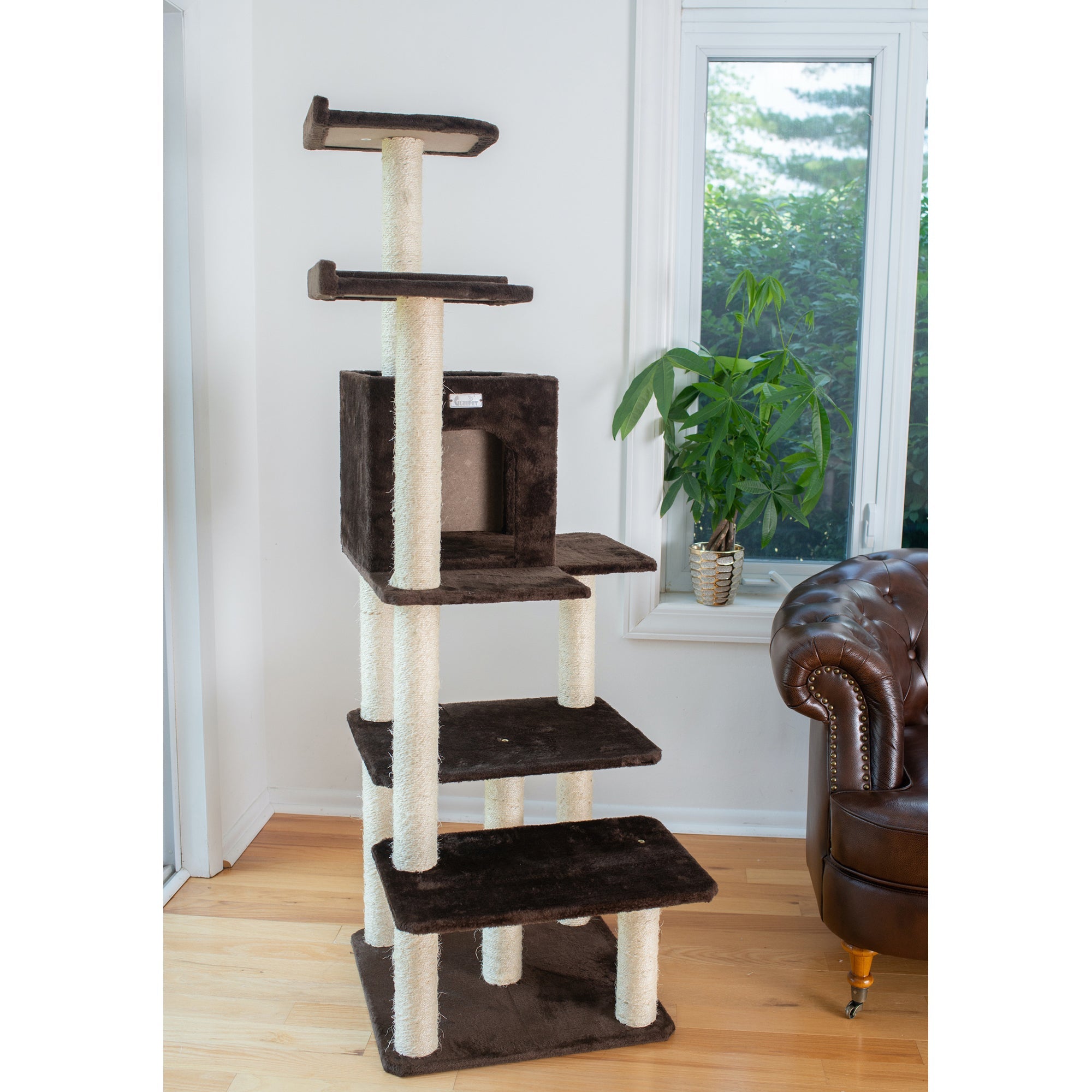 GleePet GP78680723 66-Inch Cat Tree In Coffee Brown With Four Levels, Two Perches, Condo