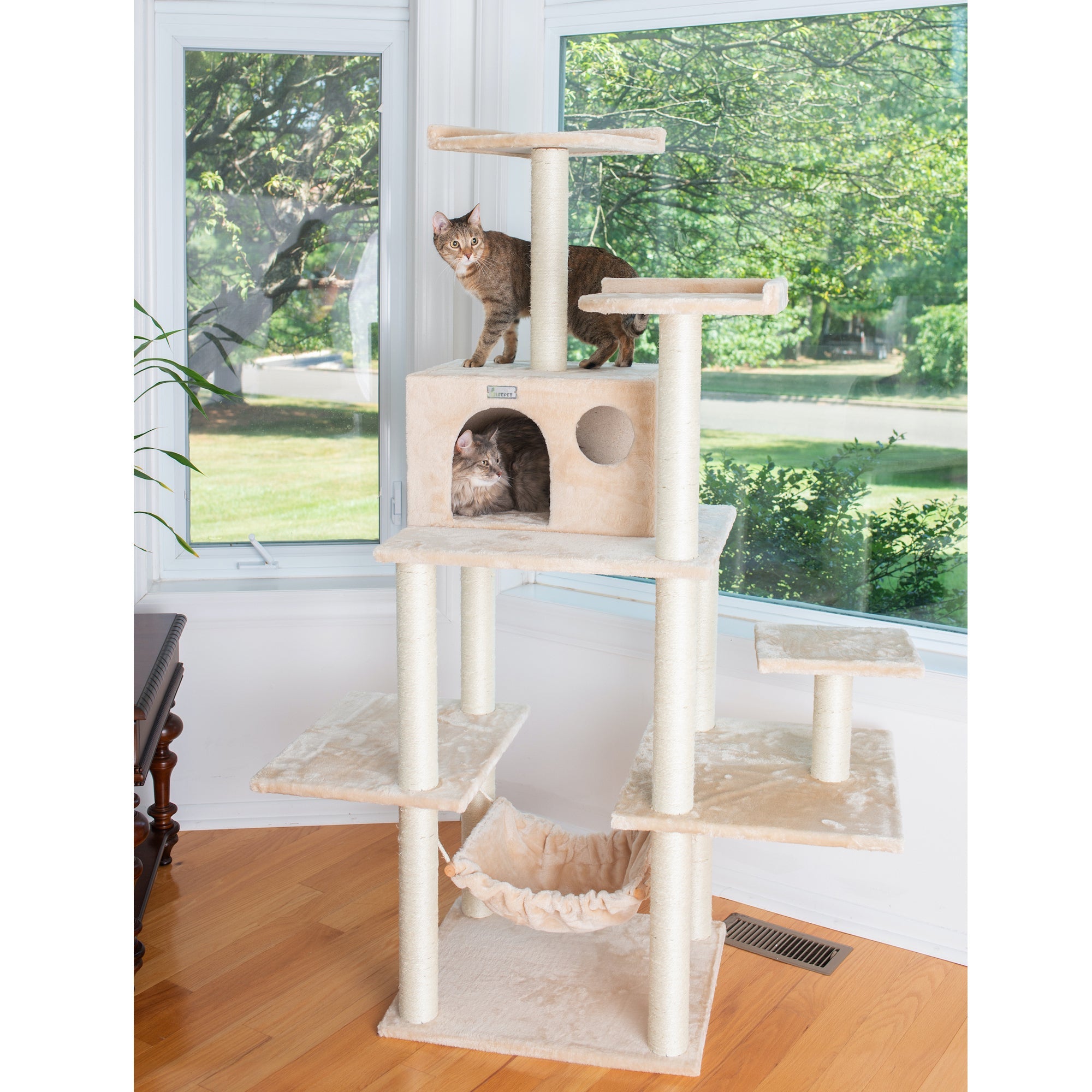 GleePet GP78680621 68-Inch Cat Tree In Beige With Five Levels, Hammock, Condo