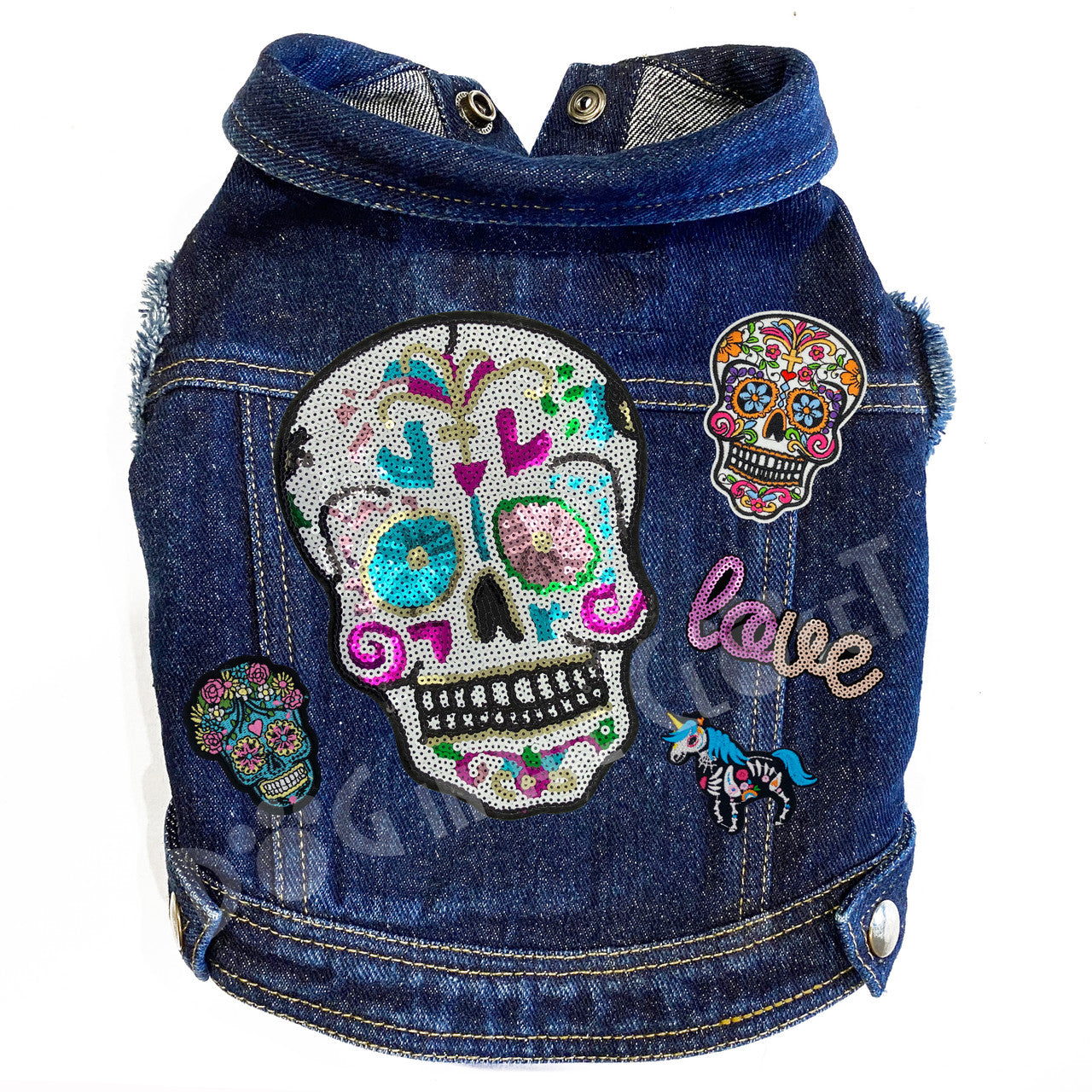 Sequin Day of the Dead Denim Dog Jacket Blue Denim