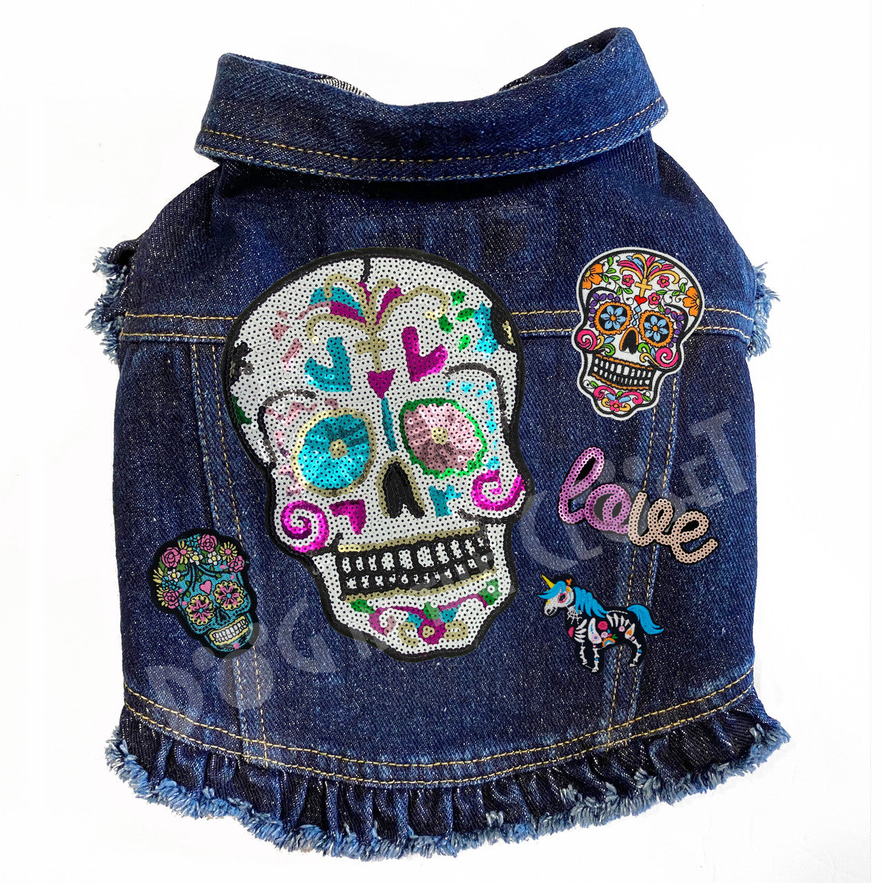 Sequin Day of the Dead Denim Dog Jacket Blue Denim with Ruffles