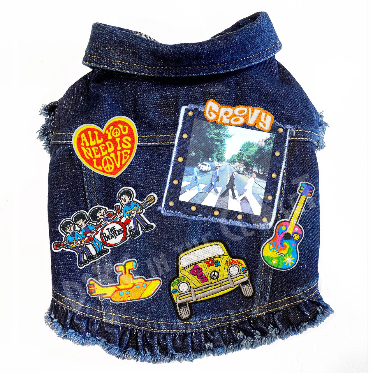 Rock Star (The Beatles) Abbey Lane (Large) Denim Dog Jacket Blue Denim with Ruffles