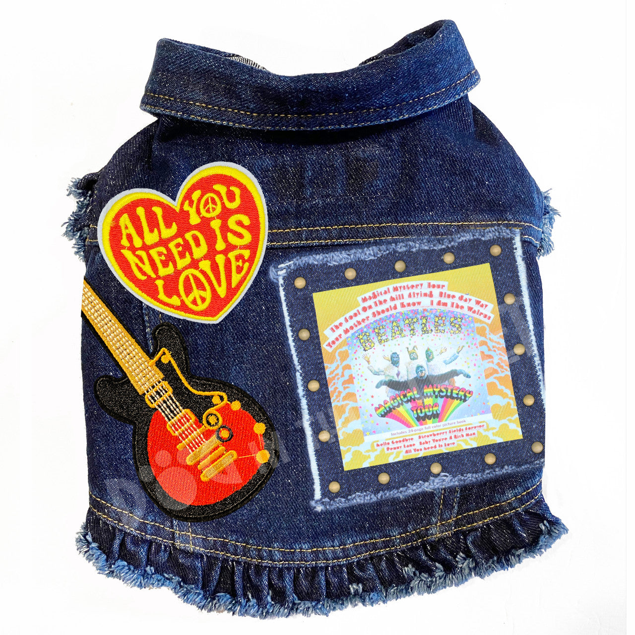 Rock Star (The Beatles) Magical Mystery Tour Denim Dog Jacket Blue Denim with Ruffles