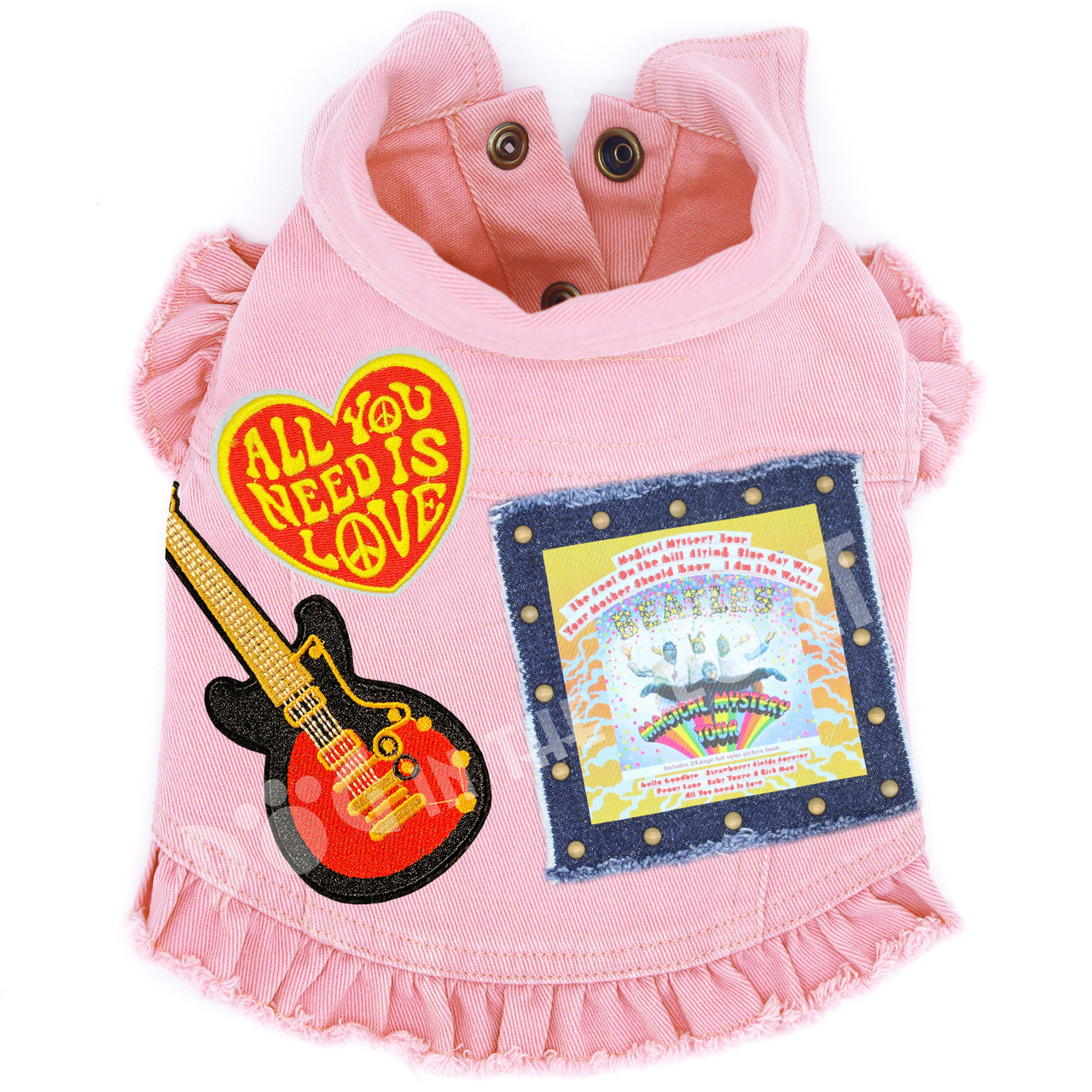 Rock Star (The Beatles) Magical Mystery Tour Denim Dog Jacket Pink Denim with Ruffles