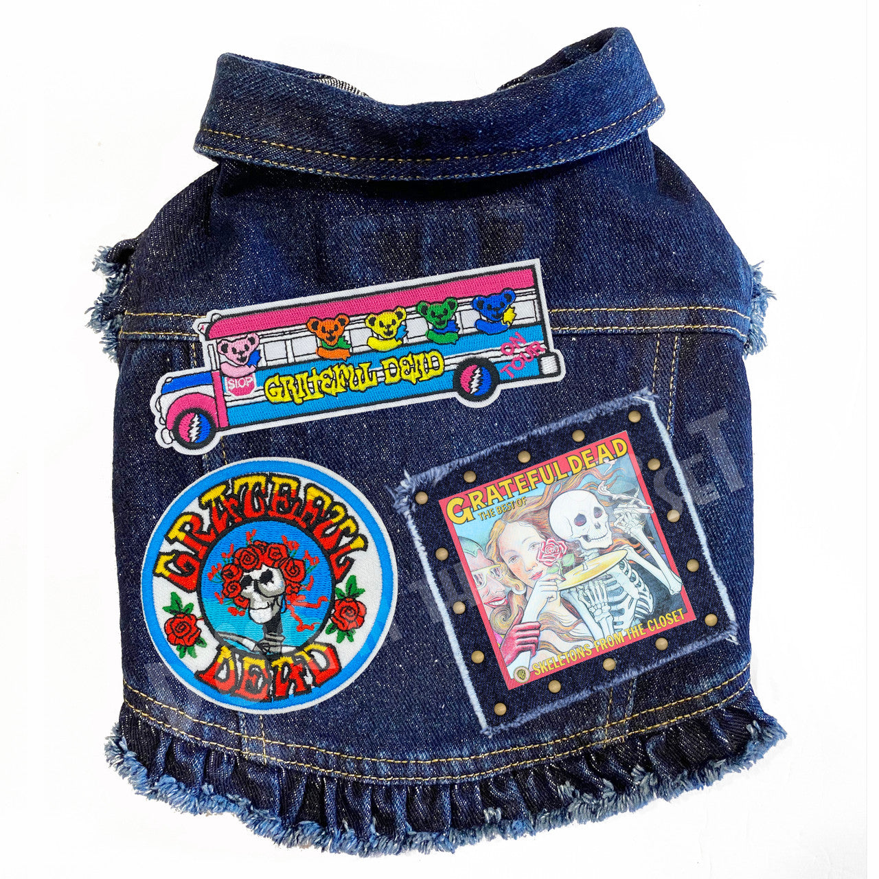 Rock Star (Grateful Dead) Skeletons from the Closet Denim Dog Jacket Blue Denim with Ruffles