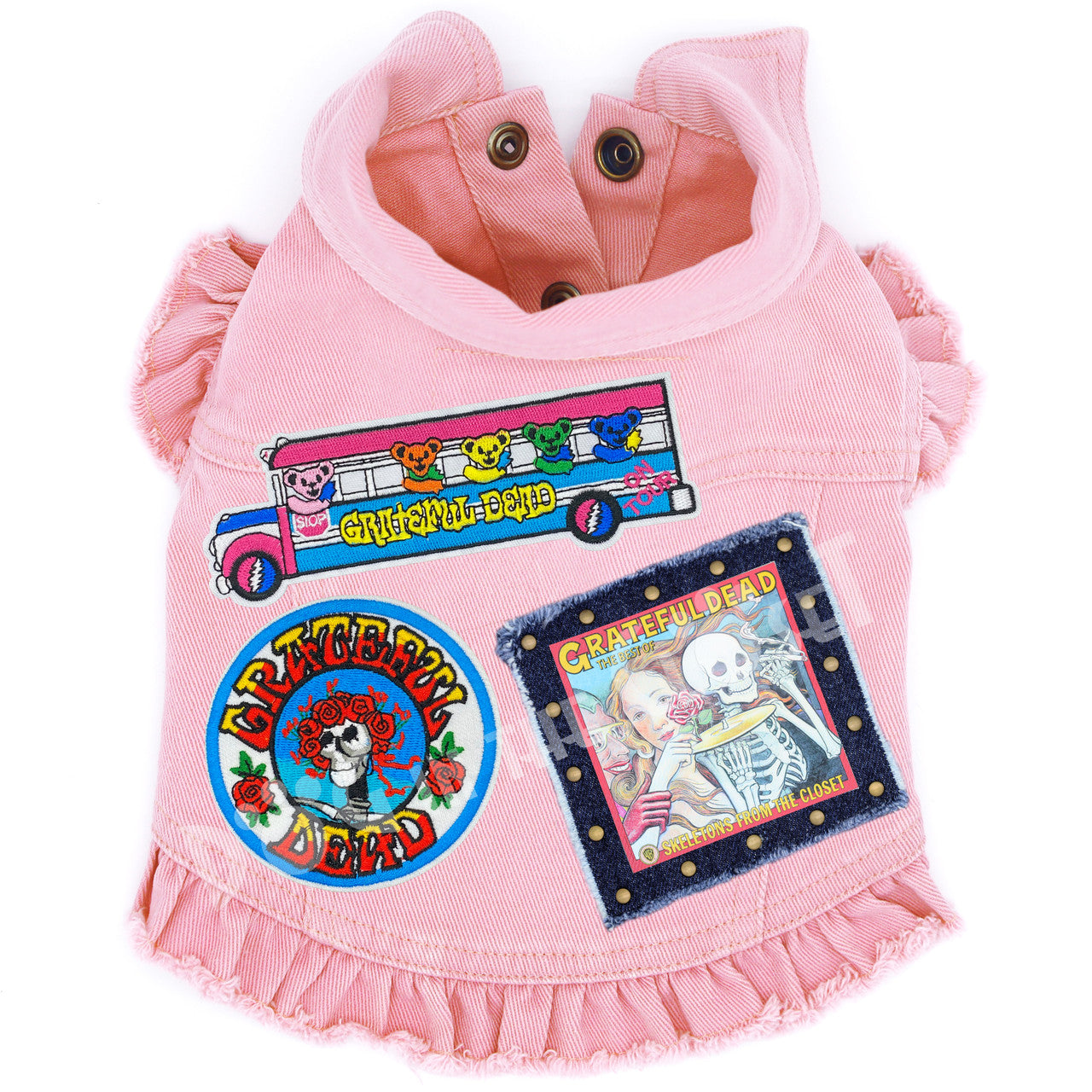 Rock Star (Grateful Dead) Skeletons from the Closet Denim Dog Jacket Pink Denim with Ruffles