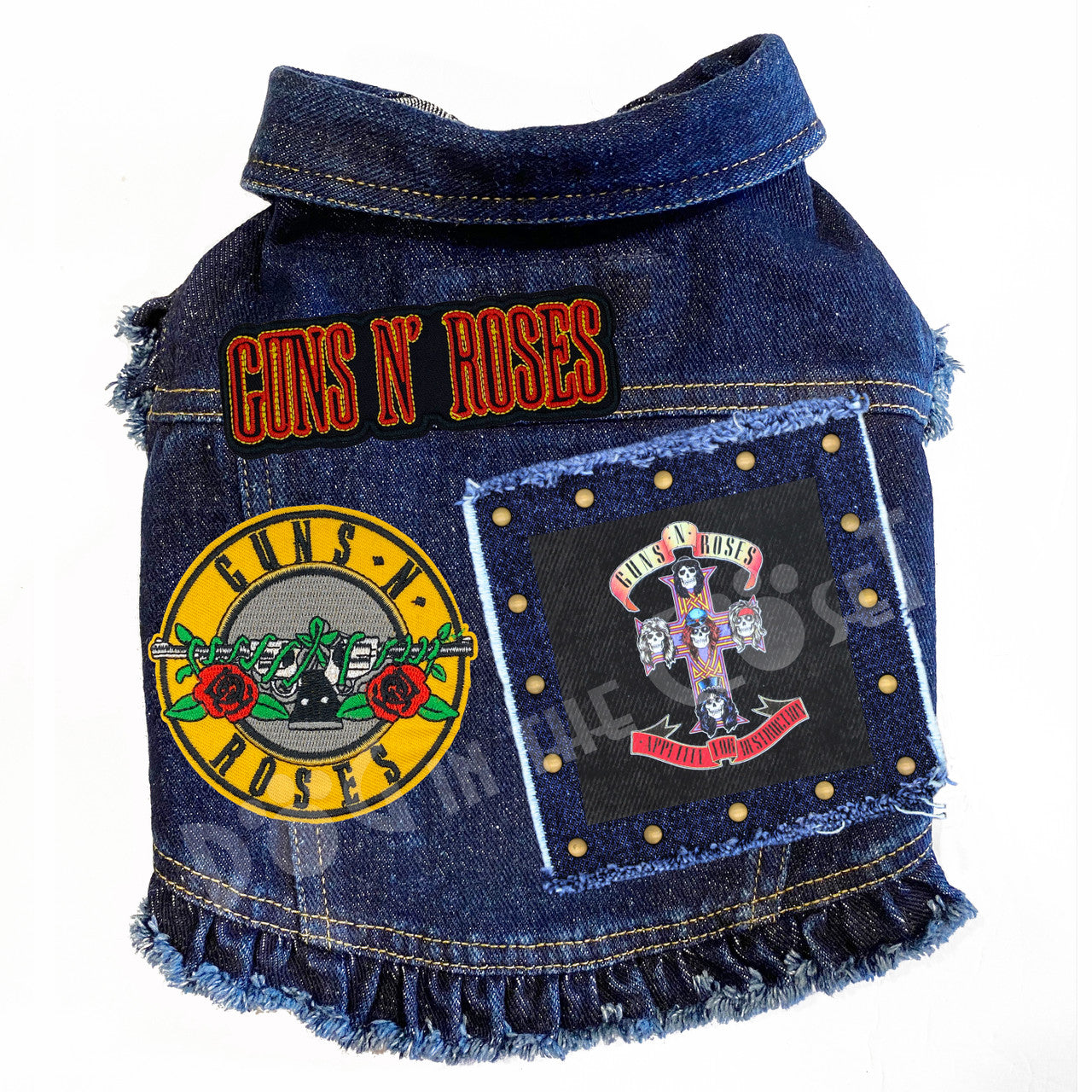 Rock Star - Guns N' Roses - Appetite for Destruction Denim Dog Jacket Blue Denim with Ruffles