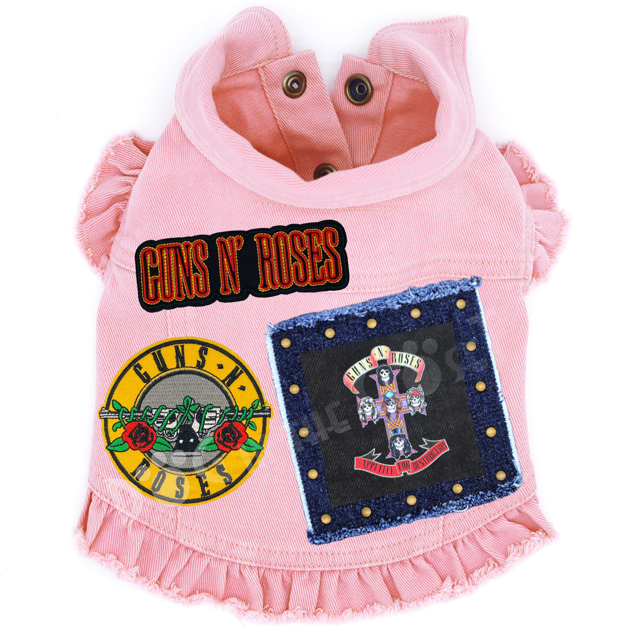 Rock Star - Guns N' Roses - Appetite for Destruction Denim Dog Jacket Pink Denim with Ruffles