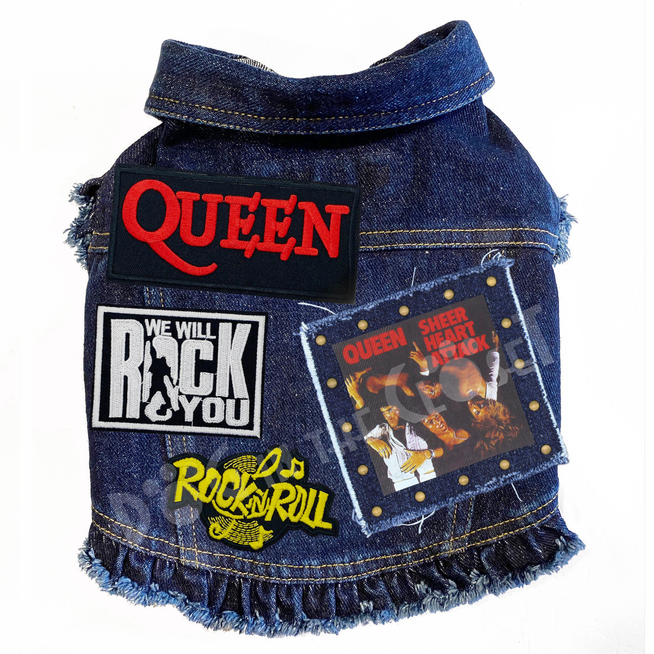 Rock Star - Queen - Sheer Heart Attack Denim Dog Jacket Blue Denim with Ruffles