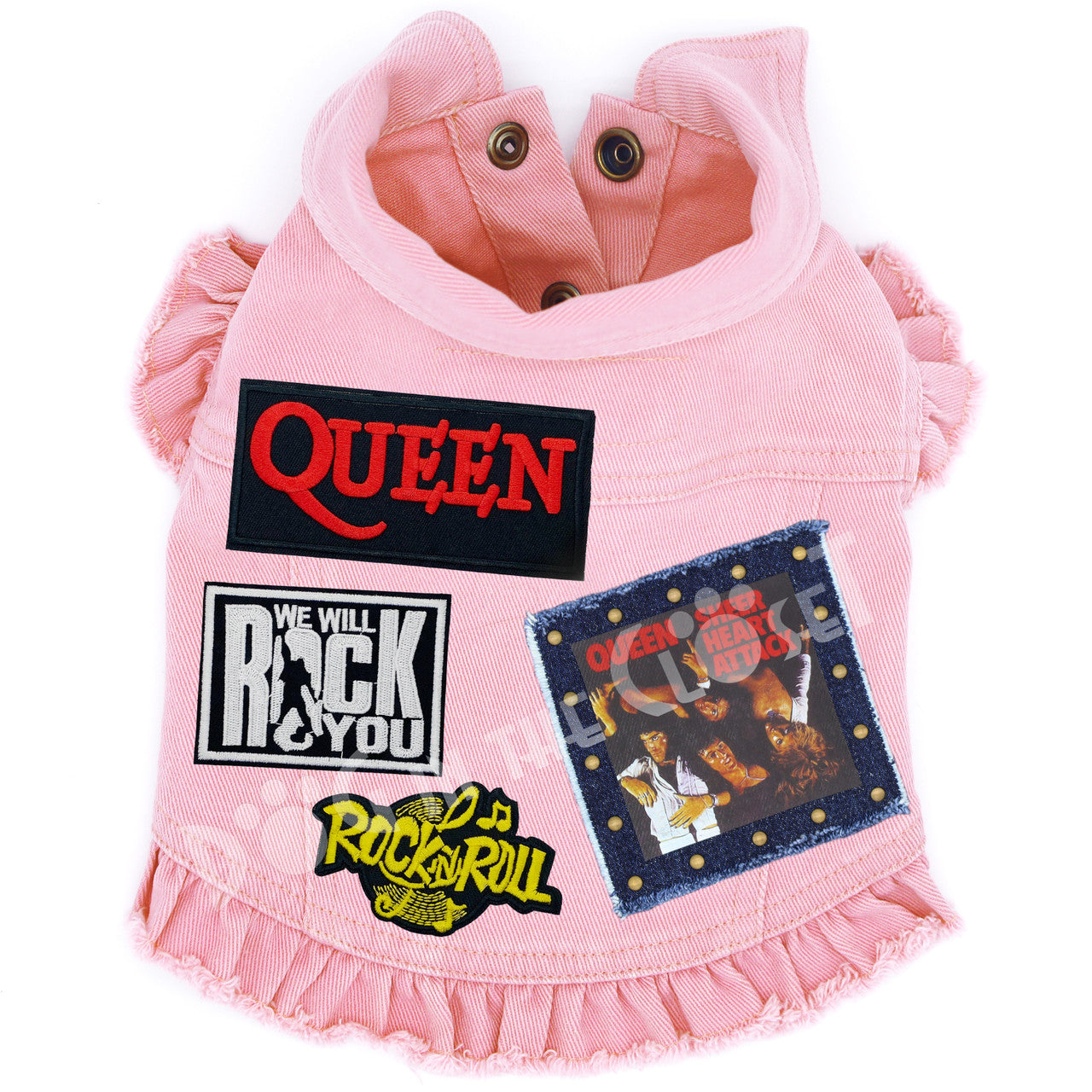 Rock Star - Queen - Sheer Heart Attack Denim Dog Jacket Pink Denim with Ruffles