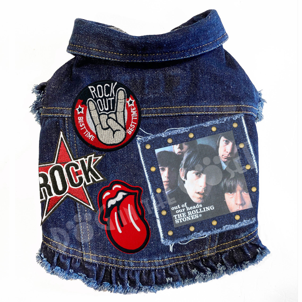 Rock Star - Rolling Stones - Out of our Heads Denim Dog Jacket Blue Denim with Ruffles