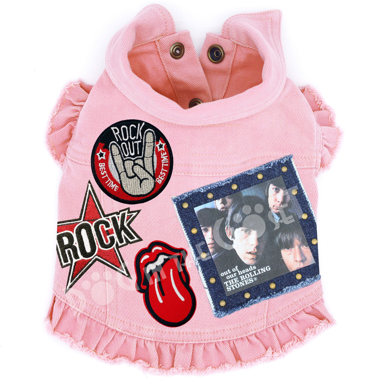 Rock Star - Rolling Stones - Out of our Heads Denim Dog Jacket Pink Denim with Ruffles