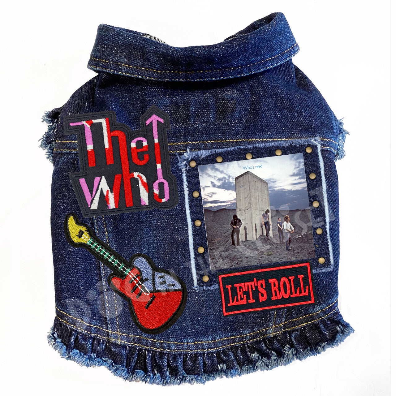 Rock Star - The Who -Who's Next Denim Dog Jacket Blue Denim with Ruffles