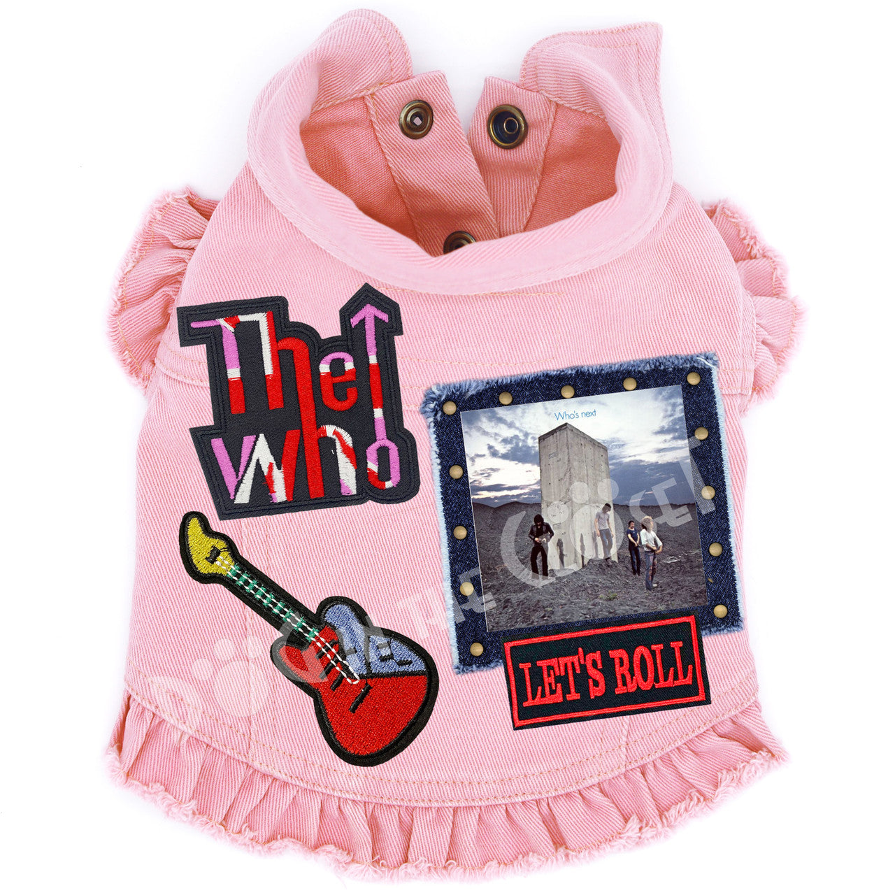 Rock Star - The Who -Who's Next Denim Dog Jacket Pink Denim with Ruffles