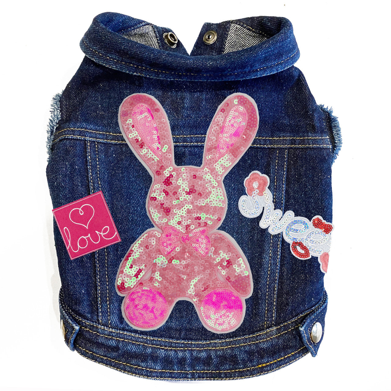 Big Pink Bunny Denim Dog Jacket Blue Denim