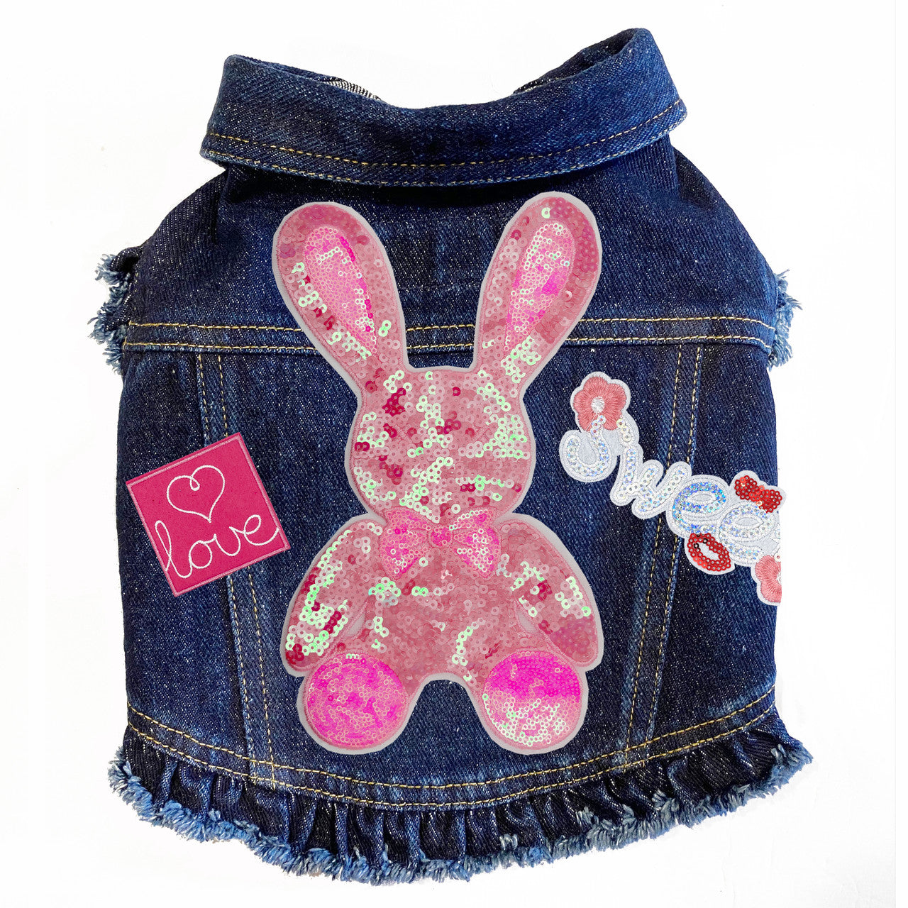 Big Pink Bunny Denim Dog Jacket Blue Denim with Ruffles