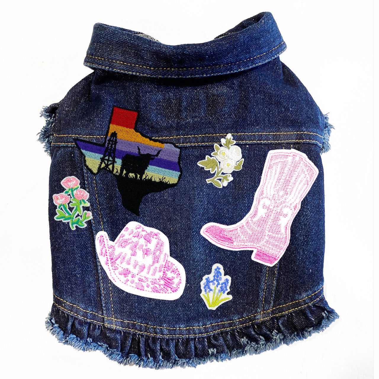 Texas Bluebonnet - Denim Dog Jacket Blue Denim with Ruffles