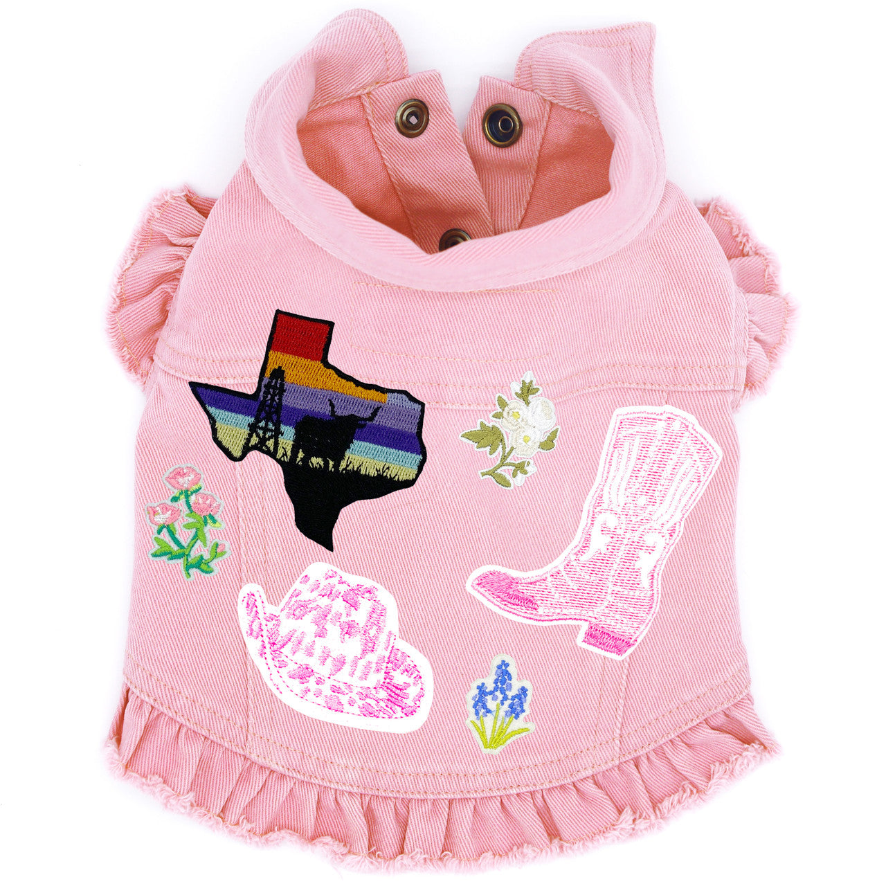 Texas Bluebonnet - Denim Dog Jacket Pink Denim with Ruffles