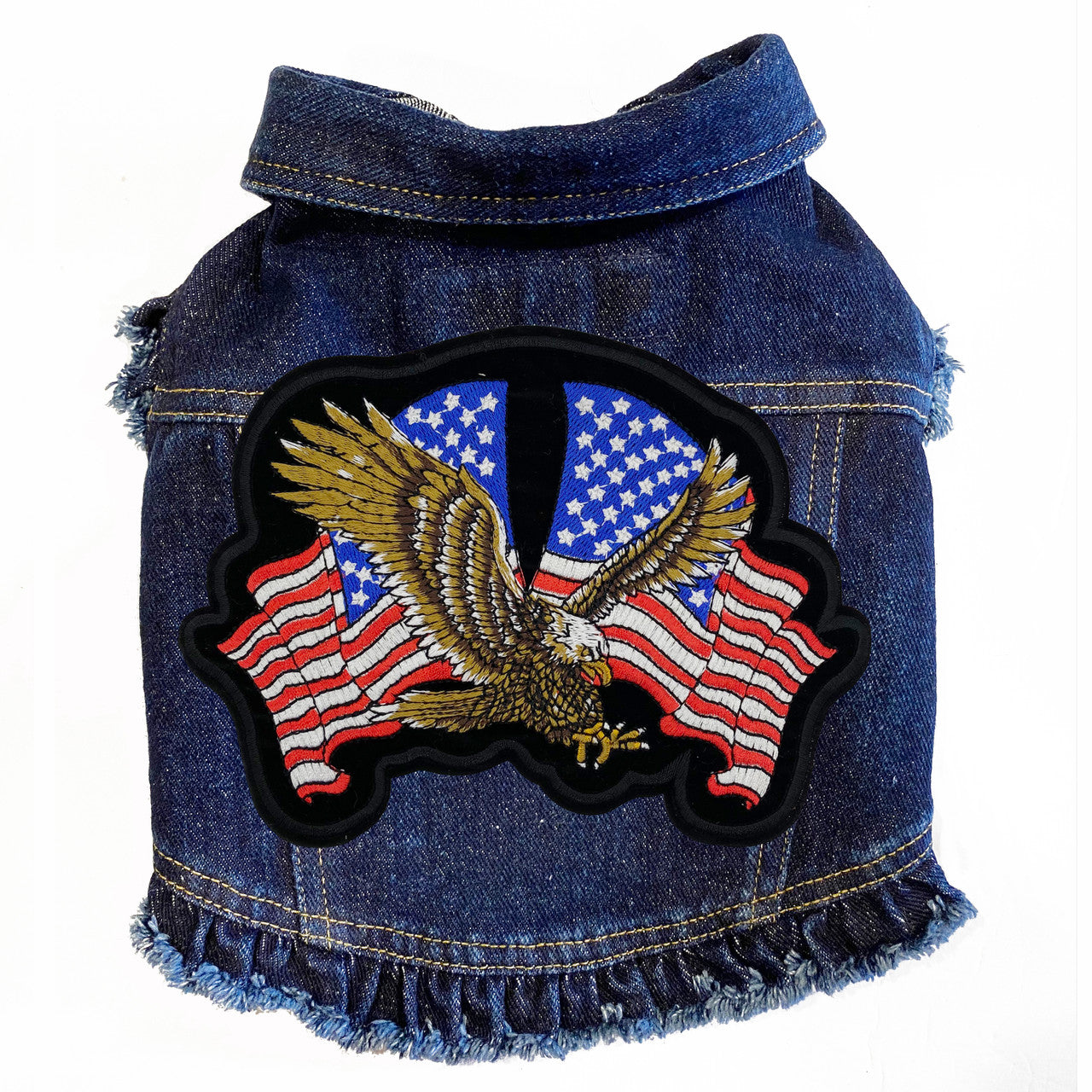 Patriotic Biker - Denim Dog Jacket Blue Denim with Ruffles