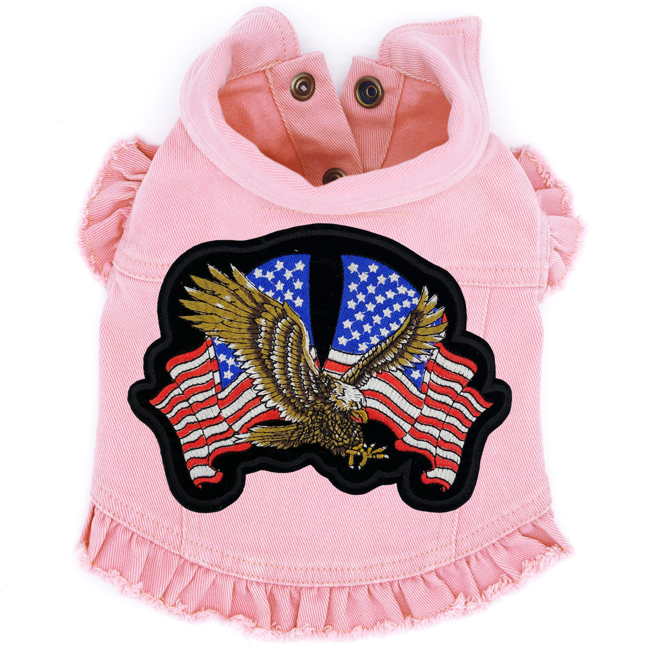 Patriotic Biker - Denim Dog Jacket Pink Denim with Ruffles