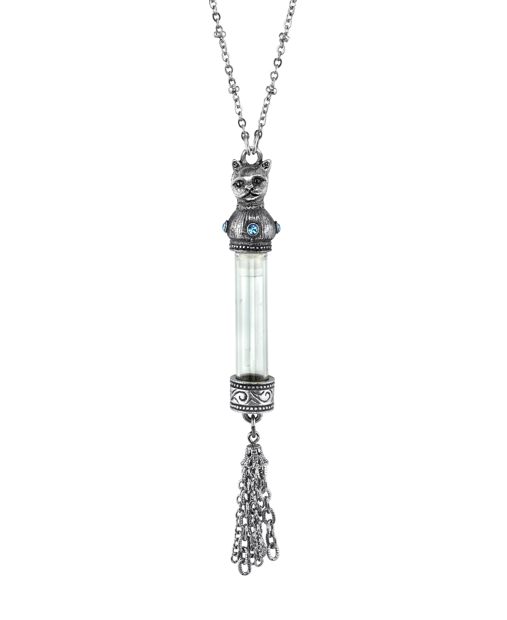 1928 Jewelry Cat Glass Vial Light Blue Crystal Tassel Necklace 30