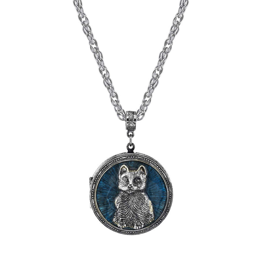 1928 Jewelry Blue Enamel Cat Locket Necklace 30"