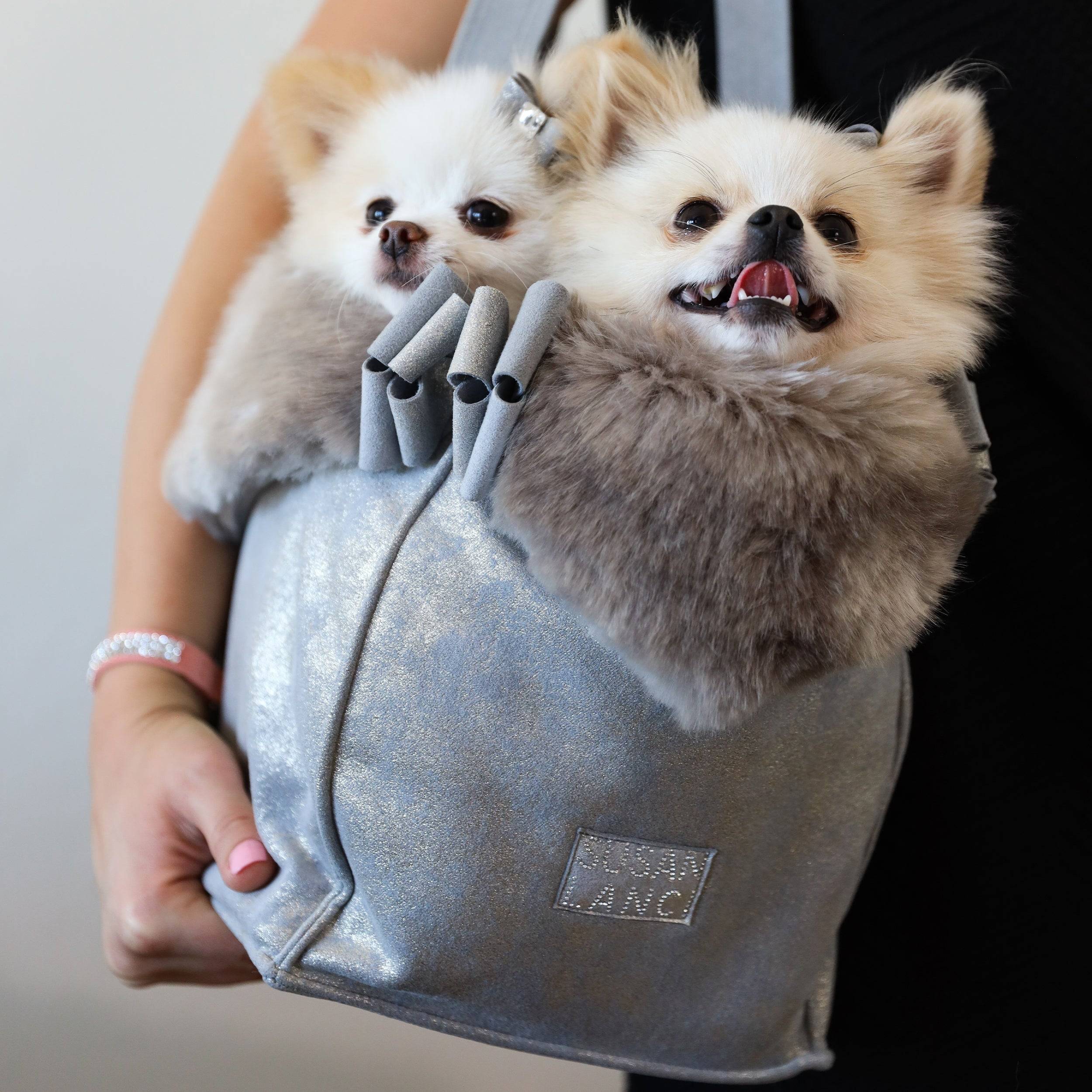 Platinum Glitzerati Double Nouveau Bow Luxury Carrier with Fur Trim