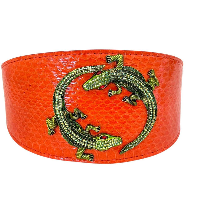 Orange Snake Collar With Green Rhinestone Alligators