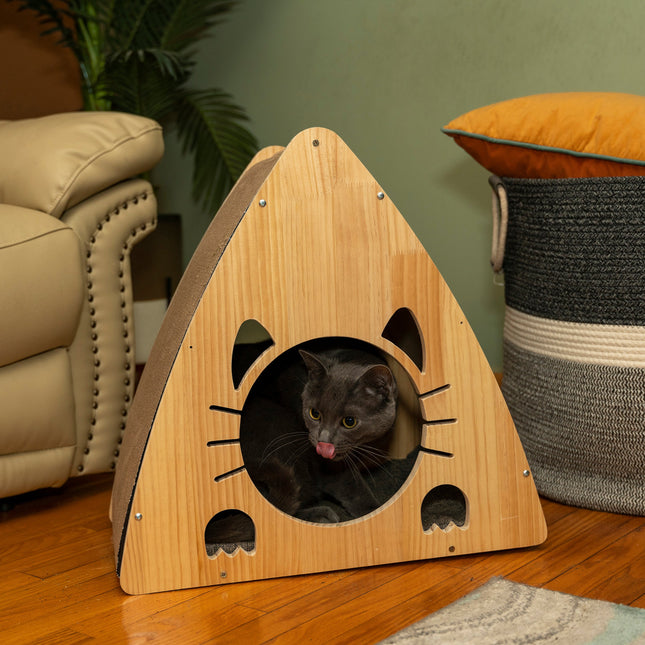 Armarkat Real Wood Medium Triangular Natural Solid Wood Cat Condo