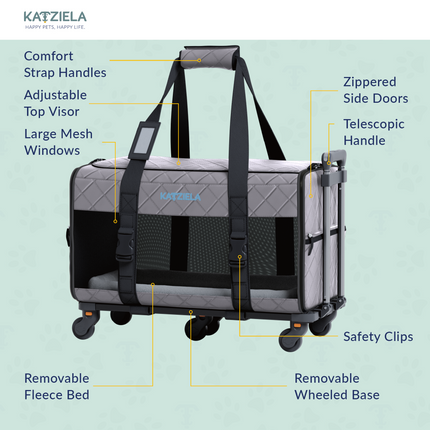 Quilted Chariot Pet Carrier With Removable Wheels and Telescopic Handle