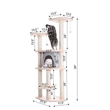 Armarkat 64" Cat Tree With Sractch Sisal Post Soft-side Playhouse A6401 Almond