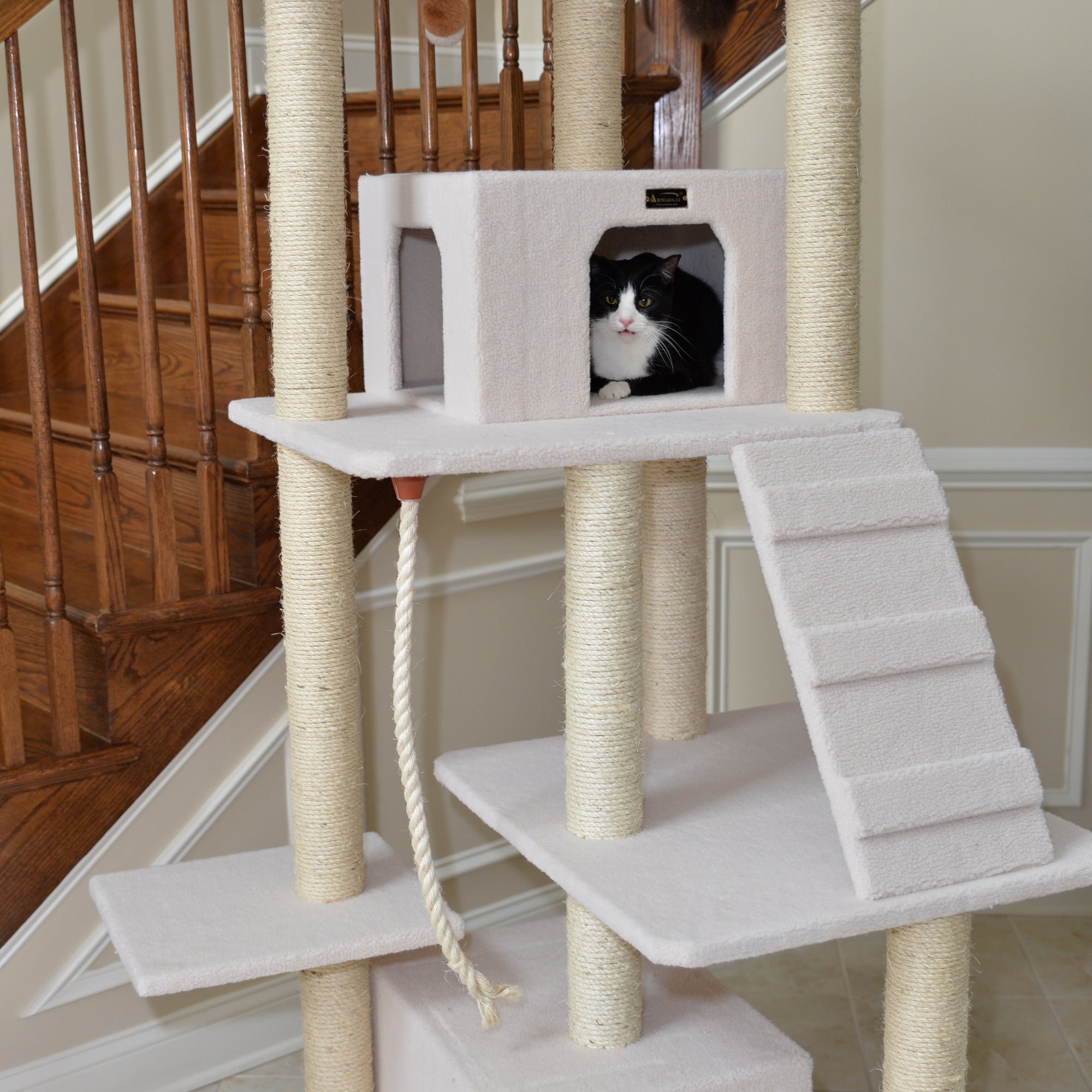 Armarkat B8201 Classic Cat Tree In Ivory, Jackson Galaxy Approved, Multi Levels With Ramp, Three Perches, Rope Swing, Two Condos