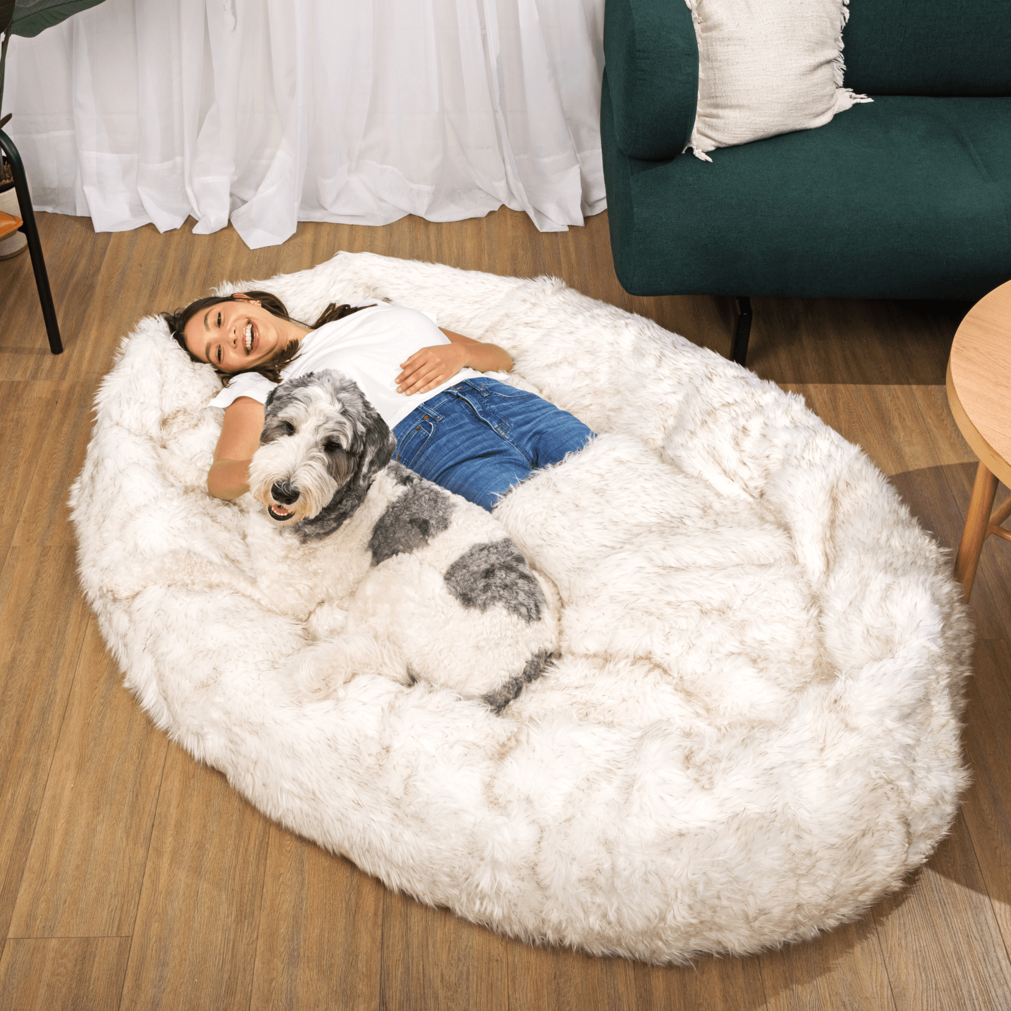 PupCloud Human-Size Faux Fur Memory Foam Dog Bed - White with Brown Accents