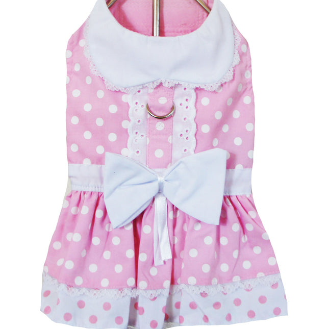 Pink Polka Dot and Lace Dog Dress Set with Leash