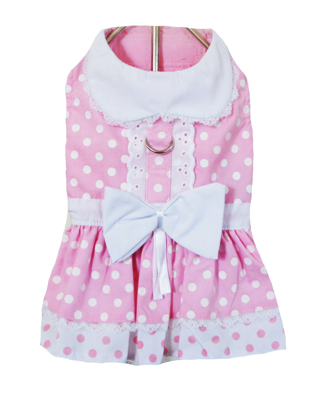 Pink Polka Dot and Lace Dog Dress Set with Leash