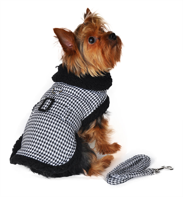 Sherpa Line Dog Harness Coat - Black and White Houndstooth with Matching Leash