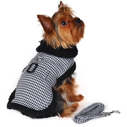 Sherpa Line Dog Harness Coat - Black and White Houndstooth with Matching Leash