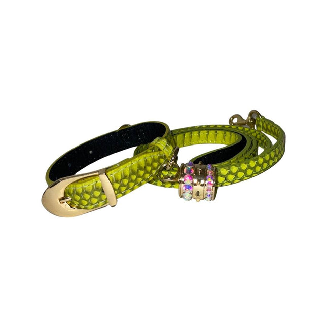 XS 7”-14” Light Neon Green Custom Snake Collar/Custom Gold Italian Hardware & Leash Set. Including Swarovski Crystal Charm