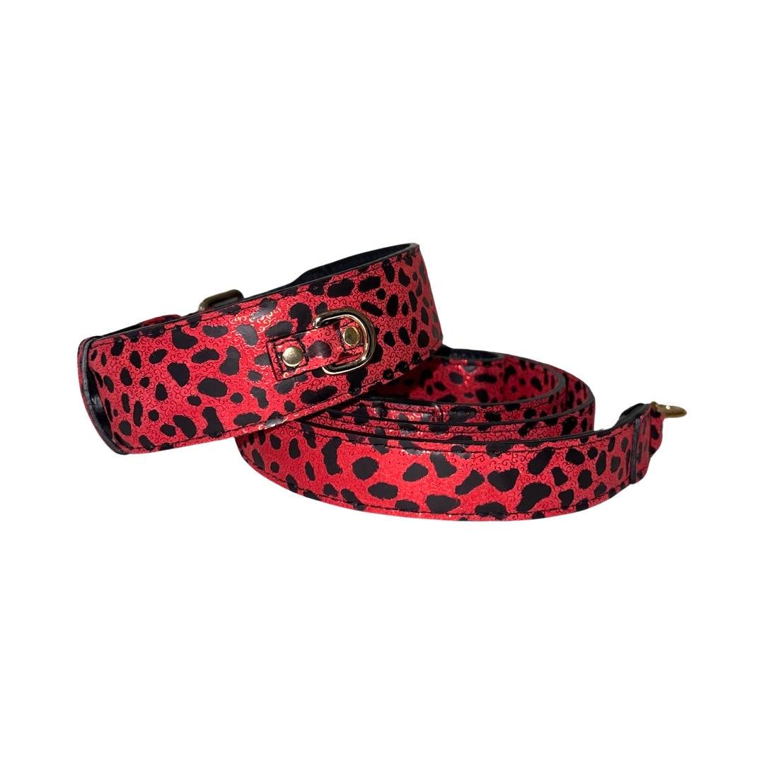 Beautiful & Soft Red & Black Leopard Print Italian Leather Classic Collar & Leash Set