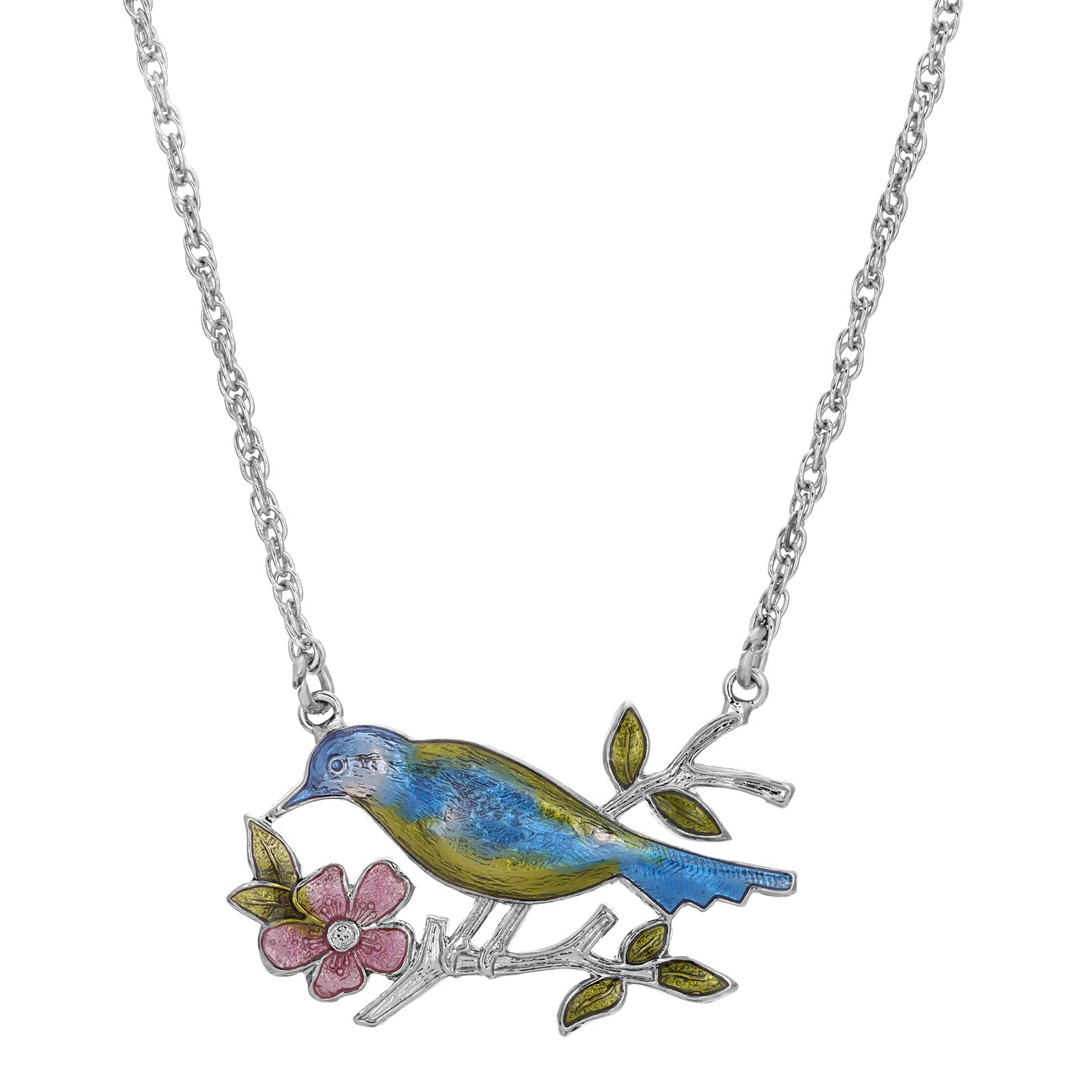 1928 Jewelry Enameled Perched Bird Pendant Necklace 18