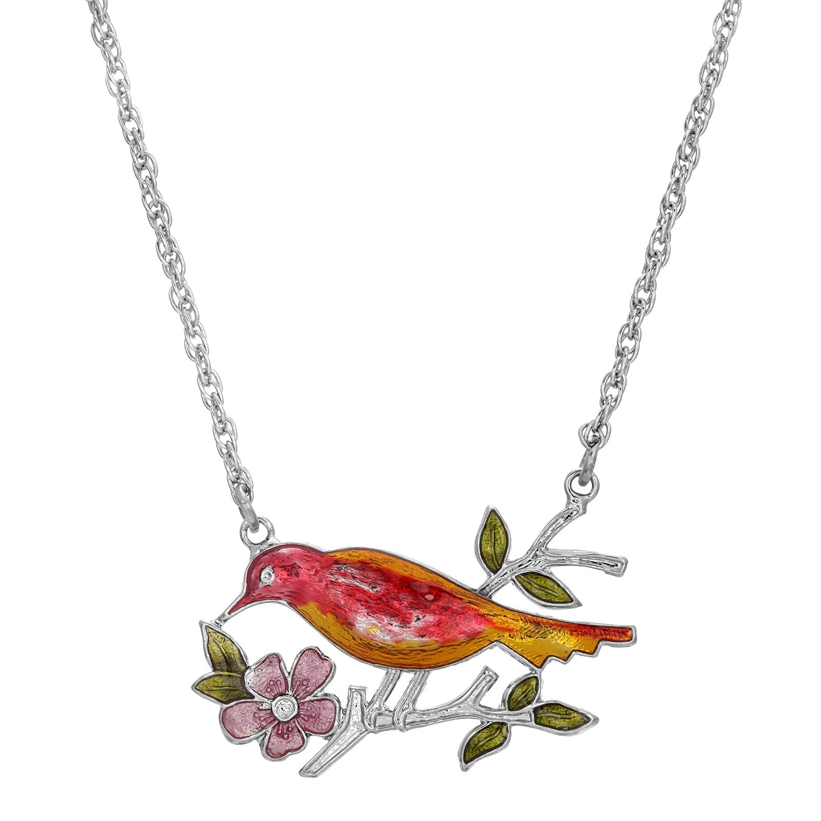 1928 Jewelry Enameled Perched Bird Pendant Necklace 18