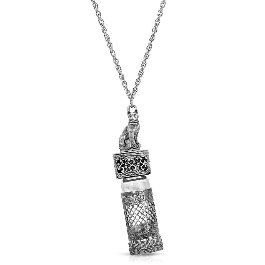1928 Jewelry Pewter Cat Filigree Screw Cap Vial Necklace For Hand Sanitizer 30"
