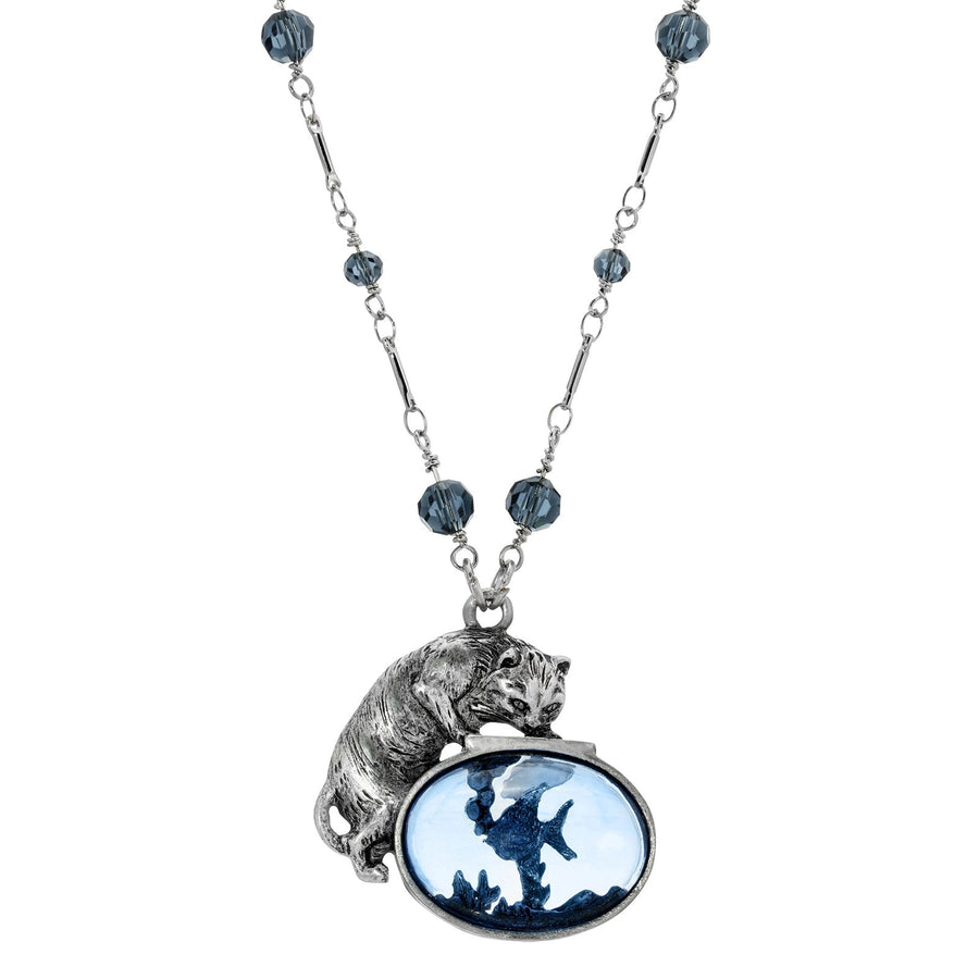 1928 Jewelry Cat And Blue Fish Pendant Necklace 30"