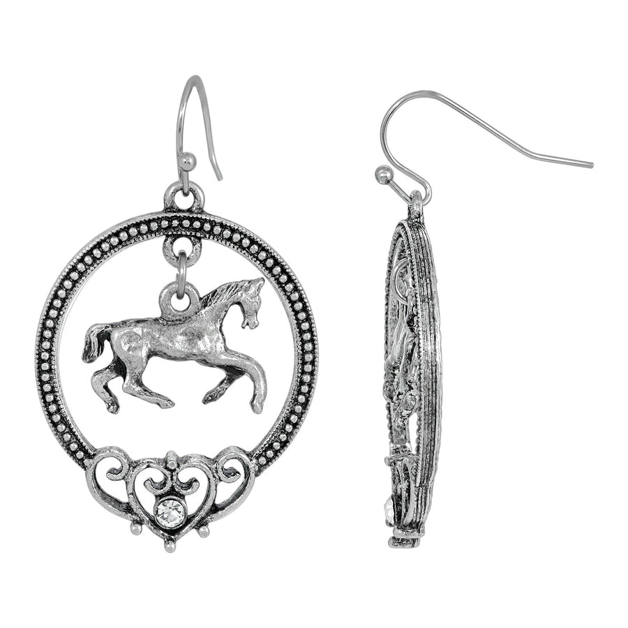 1928 Jewelry Antiqued Pewter Galloping Horse Drop Earrings