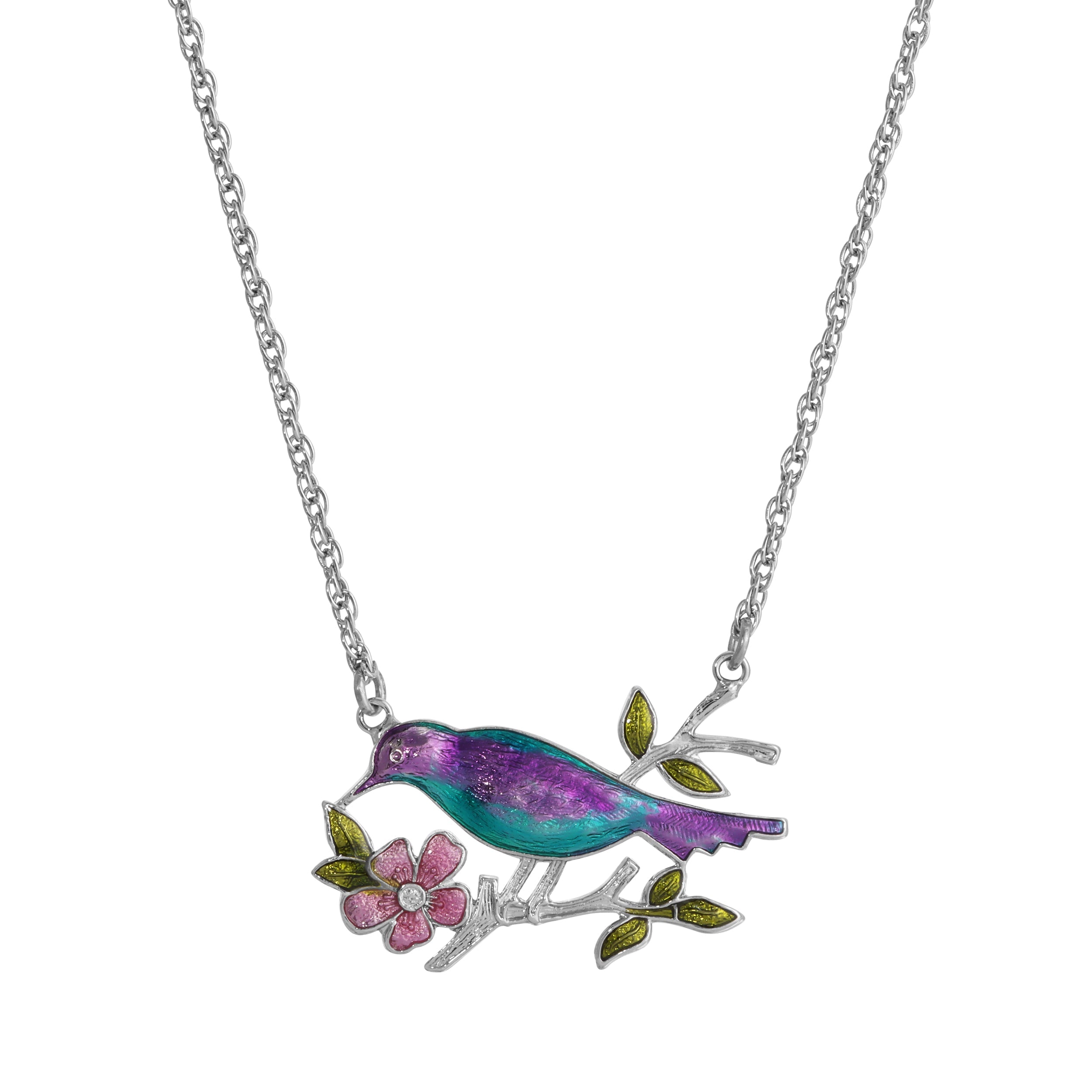 1928 Jewelry Enameled Perched Bird Pendant Necklace 18