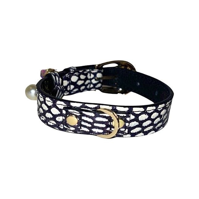 XS 7”-14” White & Navy Polka Dot Snake Collar/Custom Gold Italian Hardware & Our Swarovski Crystal Charm & Pearl